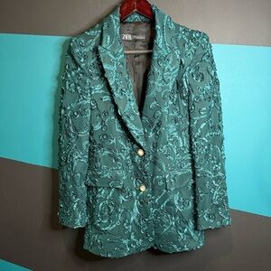 Zara Teal Embroidered Blazer